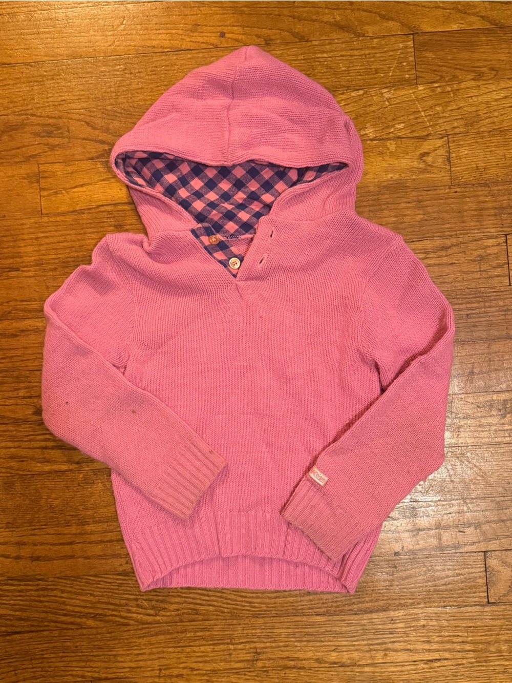 Vintage Kids OshKosh B'gosh Pink Hooded Knit Sweater with Plaid Lining